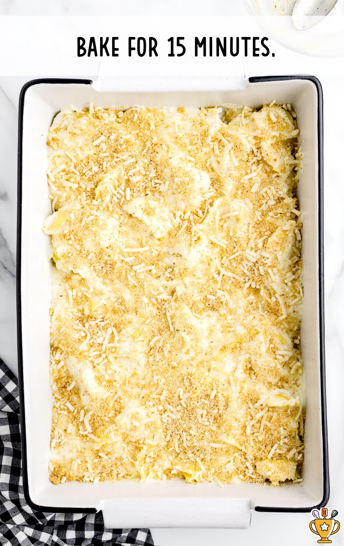 Asiago Tortellini Alfredo with Grilled Chicken in a baking pan ready to bake