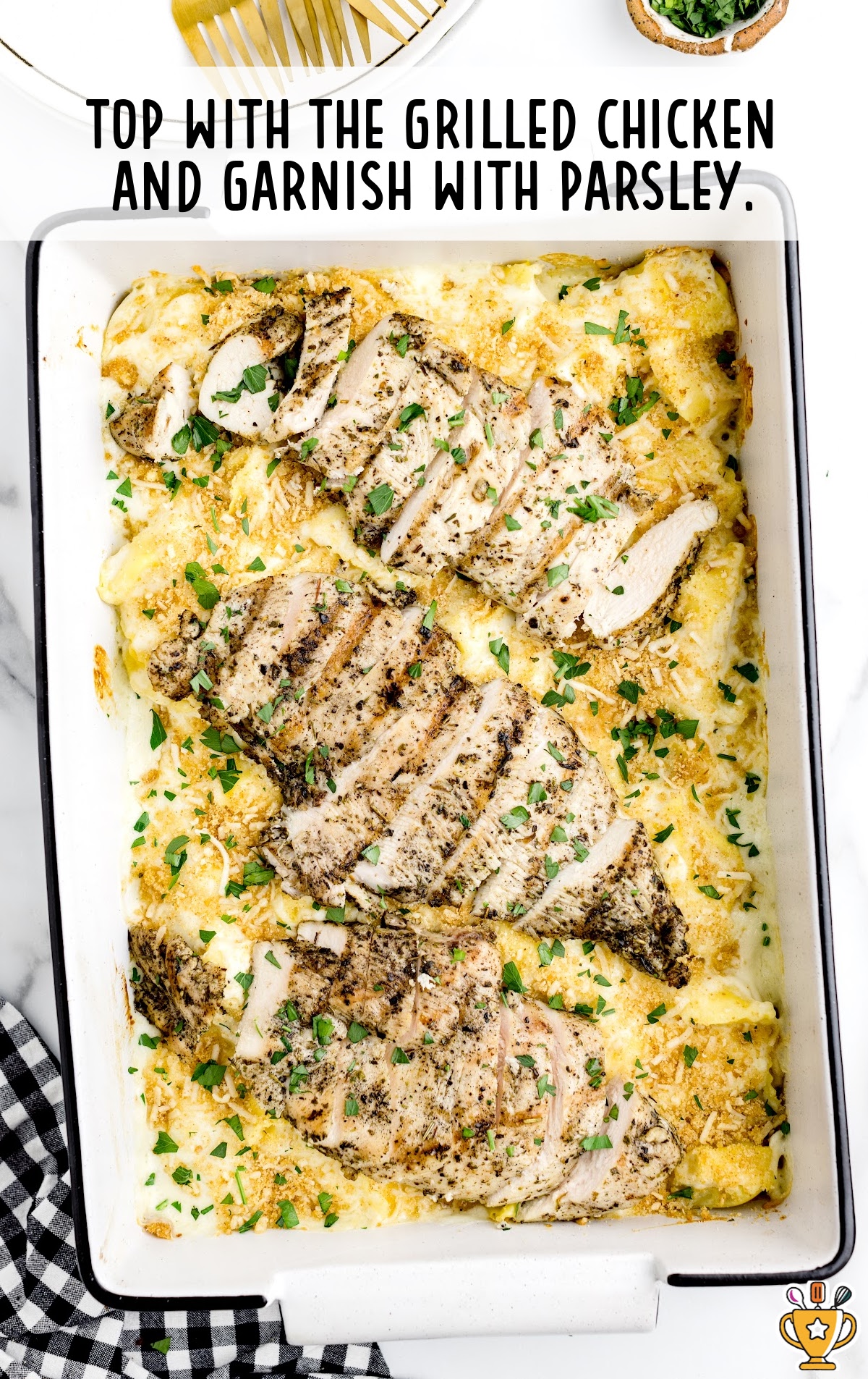 Asiago Tortellini Alfredo with Grilled Chicken garnished with parsley