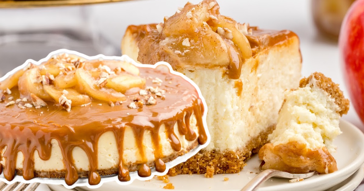 Caramel Apple Cheesecake and a piece of it on a plate