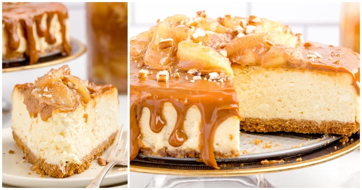 A Caramel Apple Cheesecake with a missing piece and a plate served with a piece of Caramel Apple Cheesecake