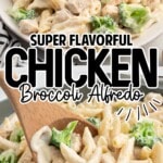 a serving of broccoli alfredo with a wooden spoon