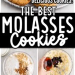 A plate of Molasses Cookies and four photos of steps for making Molasses Cookies