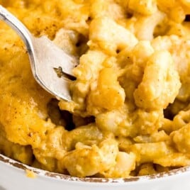 A close up photo of Pumpkin Mac and Cheese in a bowl with a fork in it