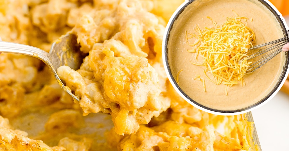 A fork holding Pumpkin Mac and Cheese and a bowl of pumpkin puree with added cheese and a whisker in it