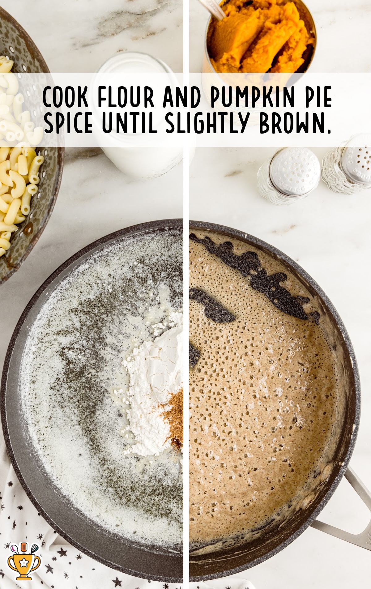 flour and pumpkin pie spice in a pan, ready for cooking