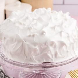 A cake decorated with ultra fluffy, 7 minute frosting.