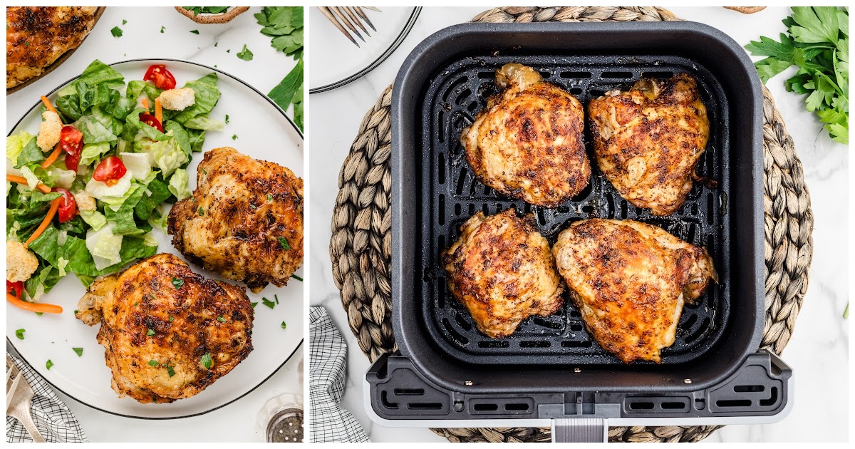 Air Fryer Chicken Thighs on a white plate with a salad beside chicken thighs in an air fryer basket.