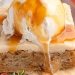Stacked apple brownies with maple glaze frosting and visible apple pieces with text overlay reading Easy Apple Brownies