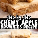 Apple brownies topped with vanilla ice cream and maple syrup drizzle with fresh apples in the background and recipe text overlay