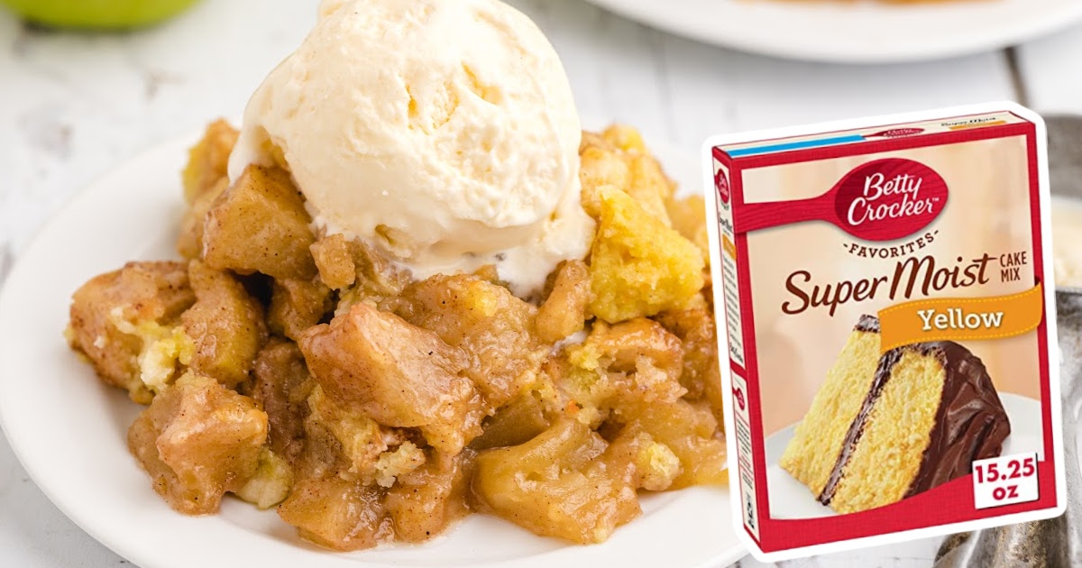 A plate of Apple Dump Cake with a bowl of cake mix
