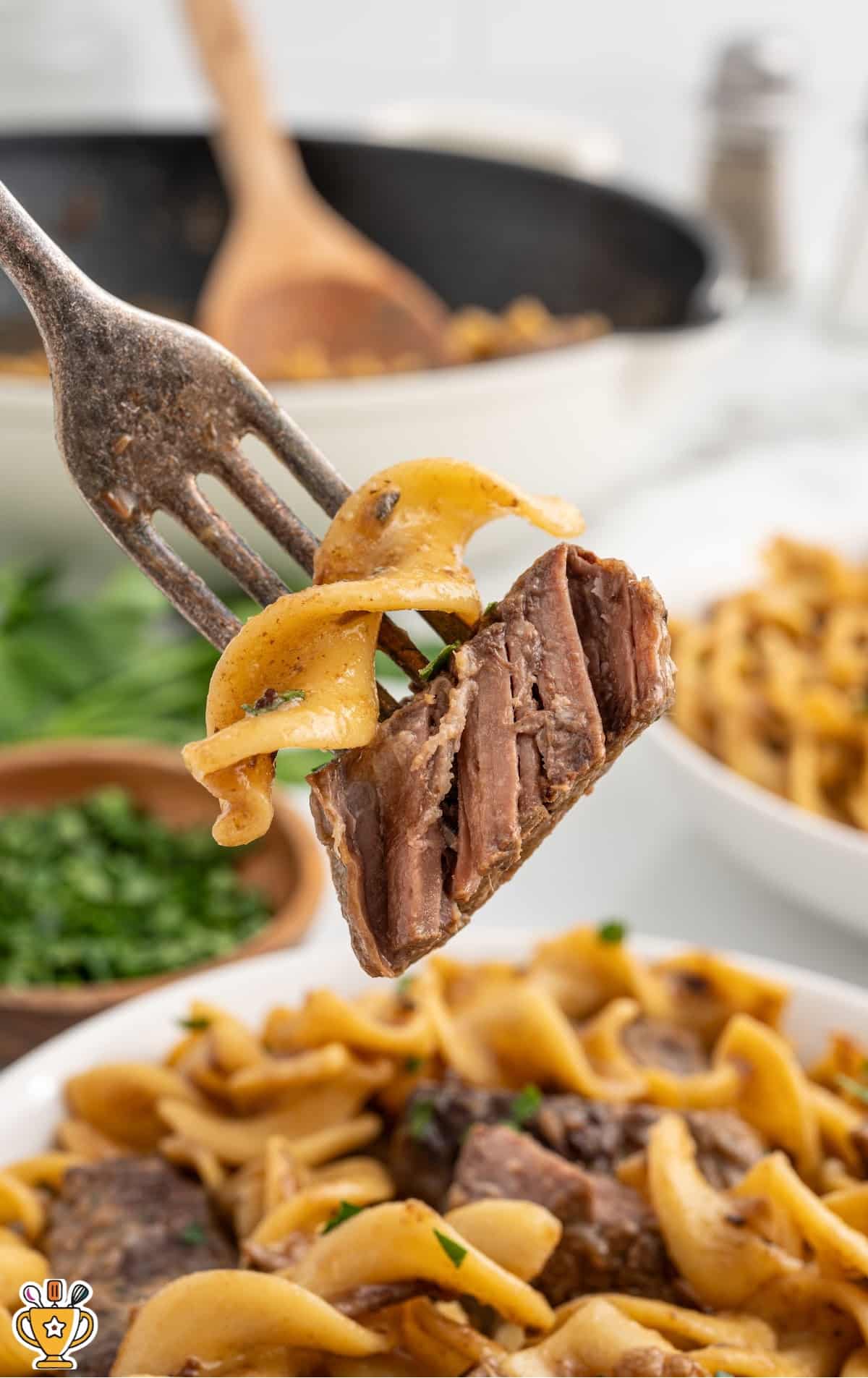 a fork holding some Beef Noodles