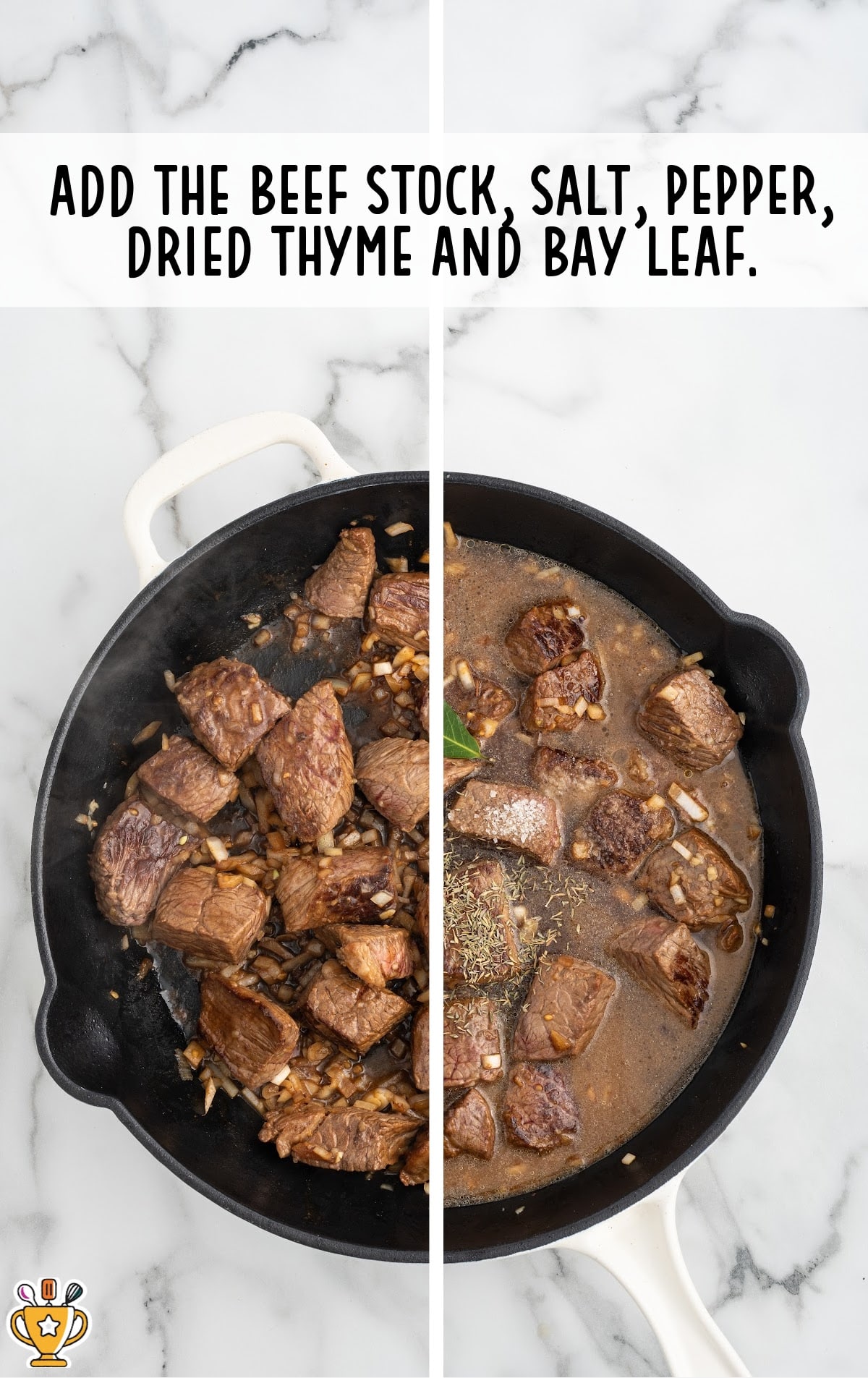 beef stock, salt, pepper, dried thyme and bay leaf added to the skillet
