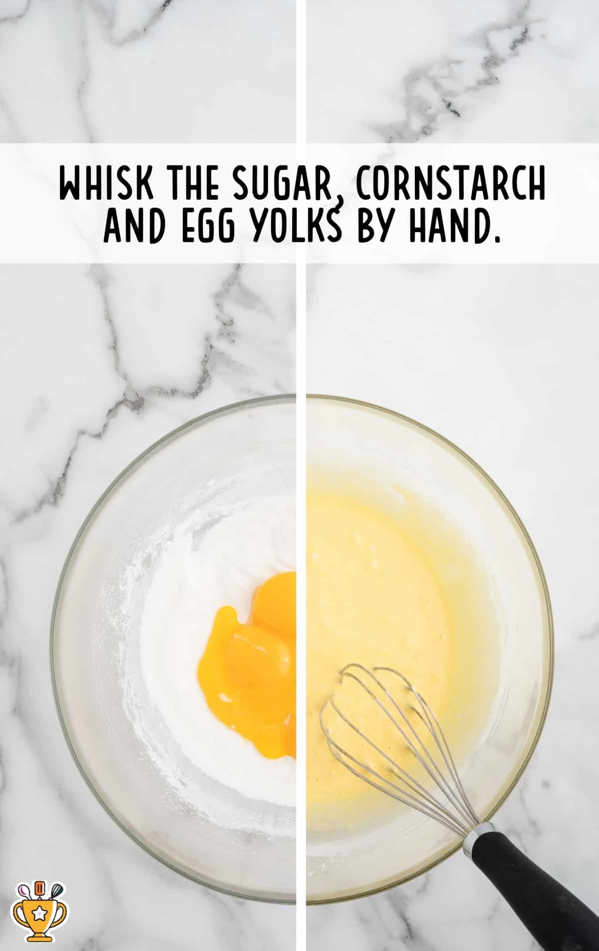 sugar, corn starch and egg yolk added in a bowl with a whisker in it