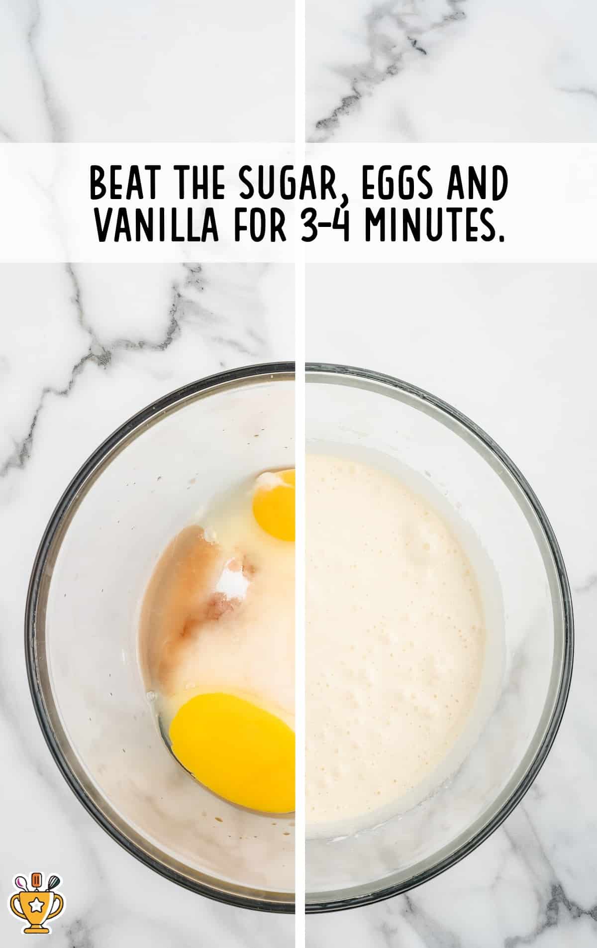 sugar, eggs and vanilla beat in a bowl