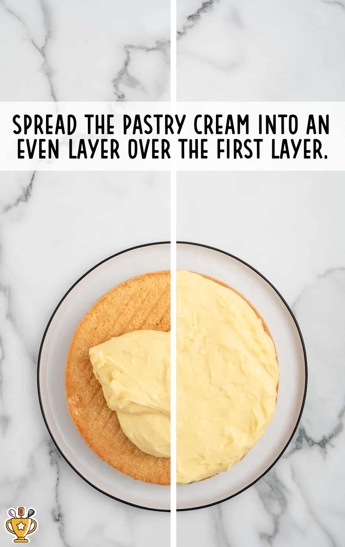 spreading the pastry cream over the first cake layer
