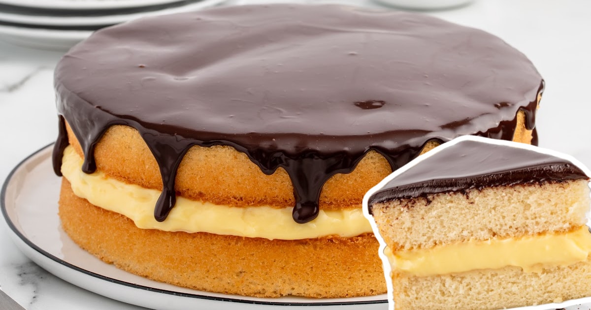 A Boston Cream Pie and a slice of the pie.
