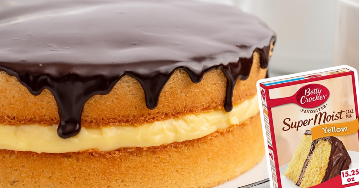 A Boston Cream Pie and a box of cake mix.