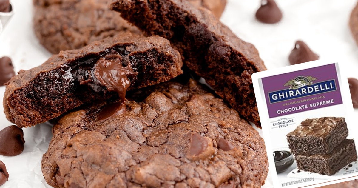 Brownie mix cookies next to a box of ghihardelli brownie mix.