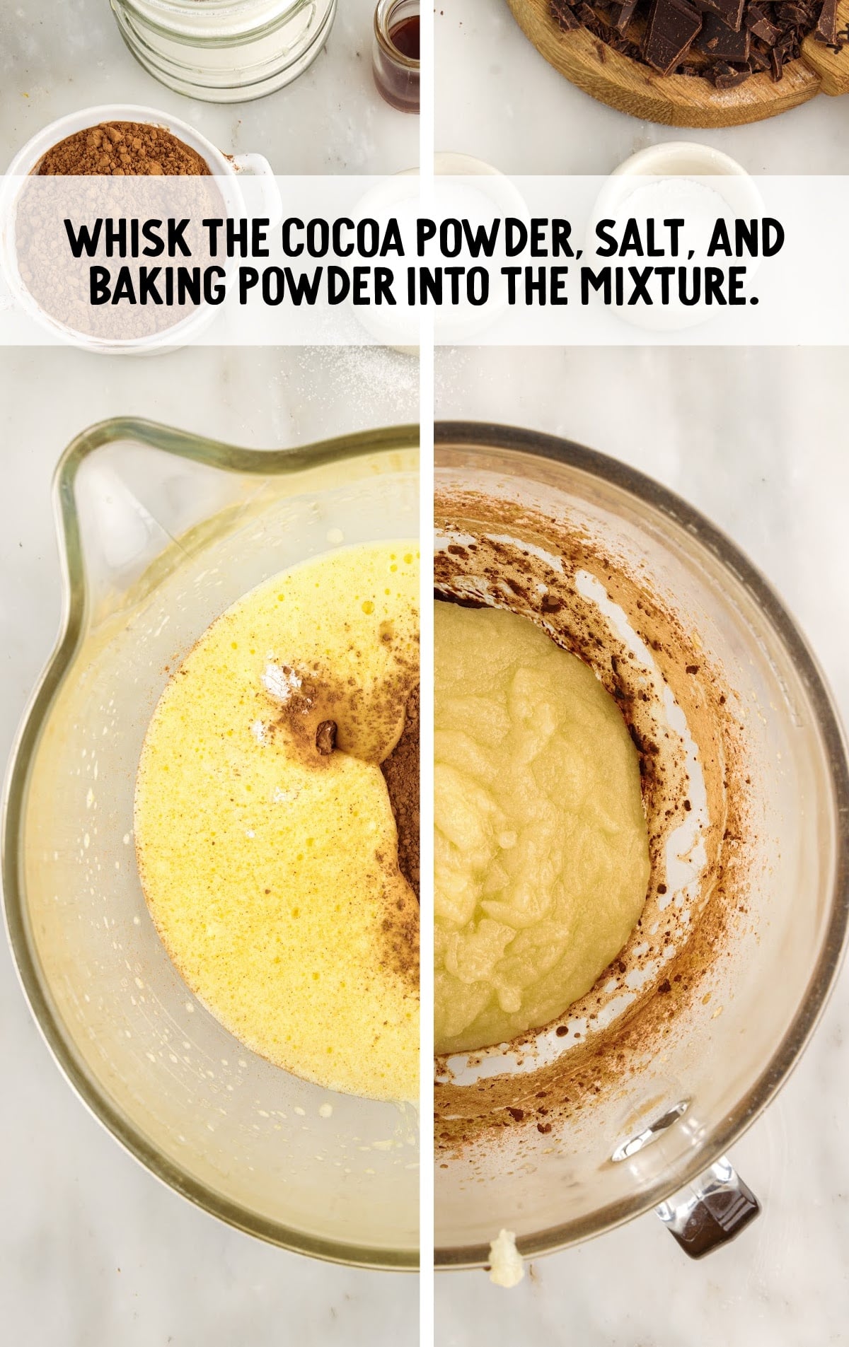 cocoa powder, salt and baking powder in the bowl with the mixture