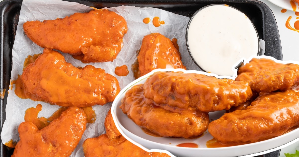 Buffalo Chicken Tenders on a plate and on a serving platter