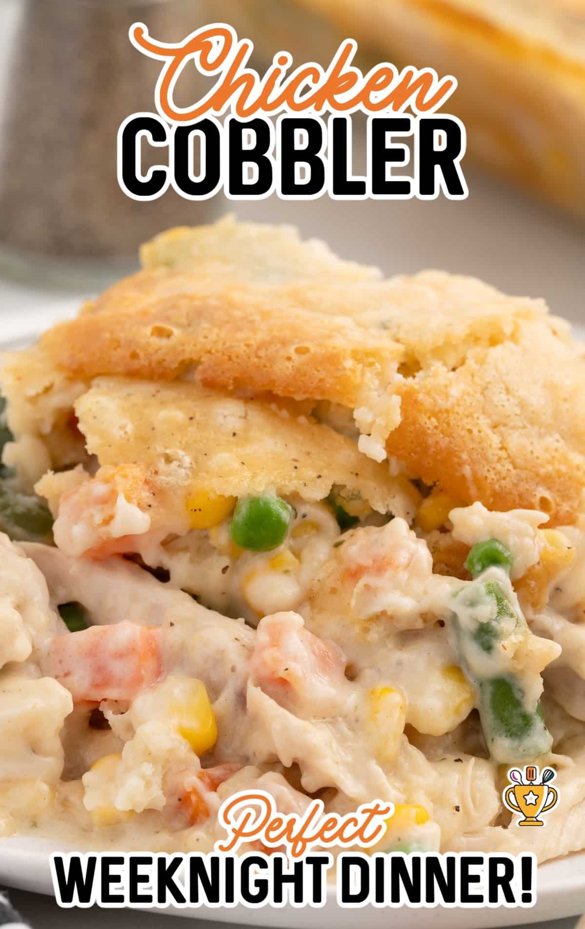 A scoop of chicken cobbler on a plate.