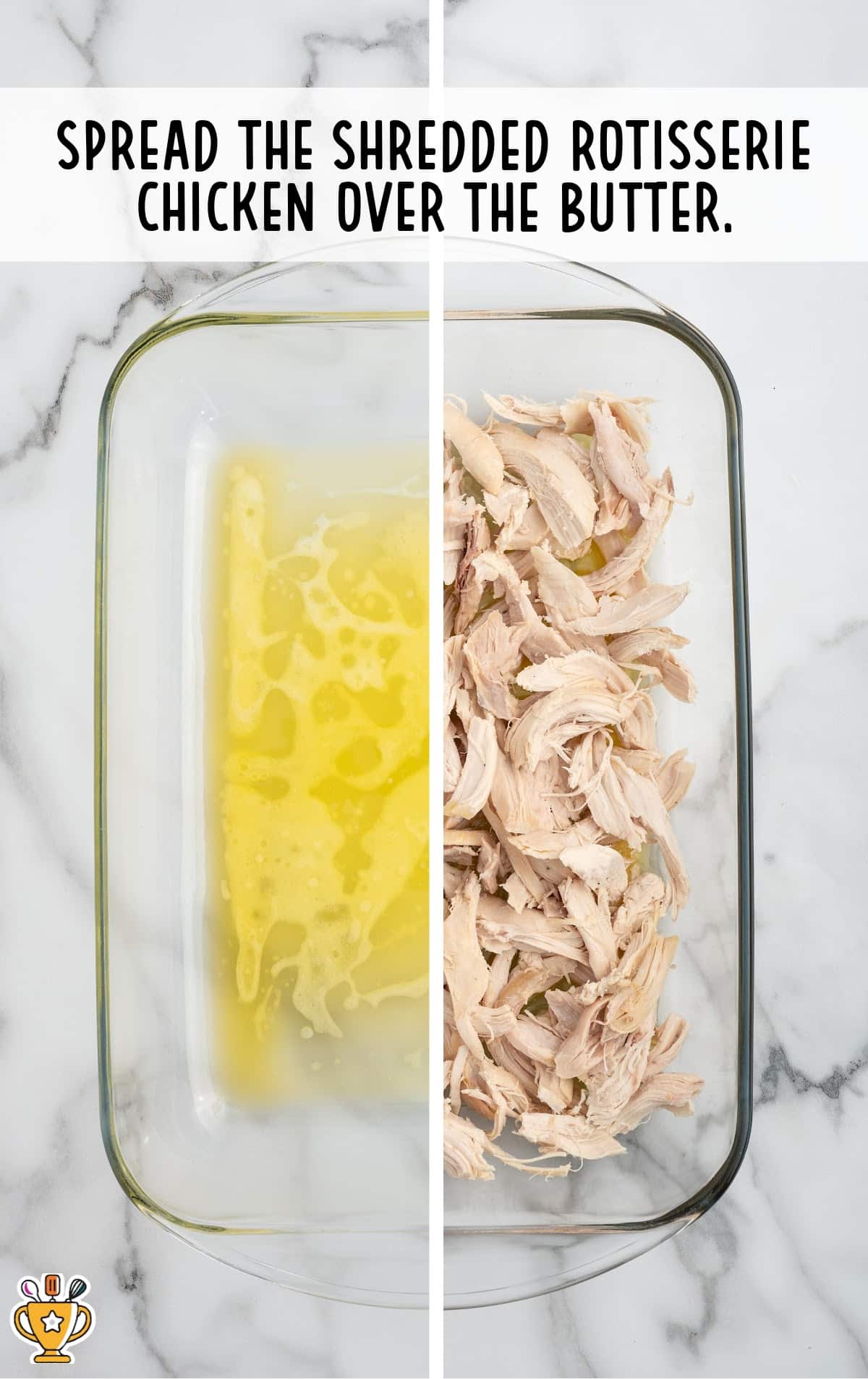 a baking pan with butter and chicken in it