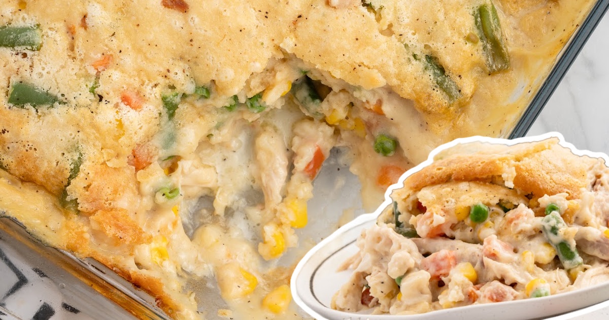a plate of Chicken Cobbler beside a baking dush with a scoop of cobbler missing from it
