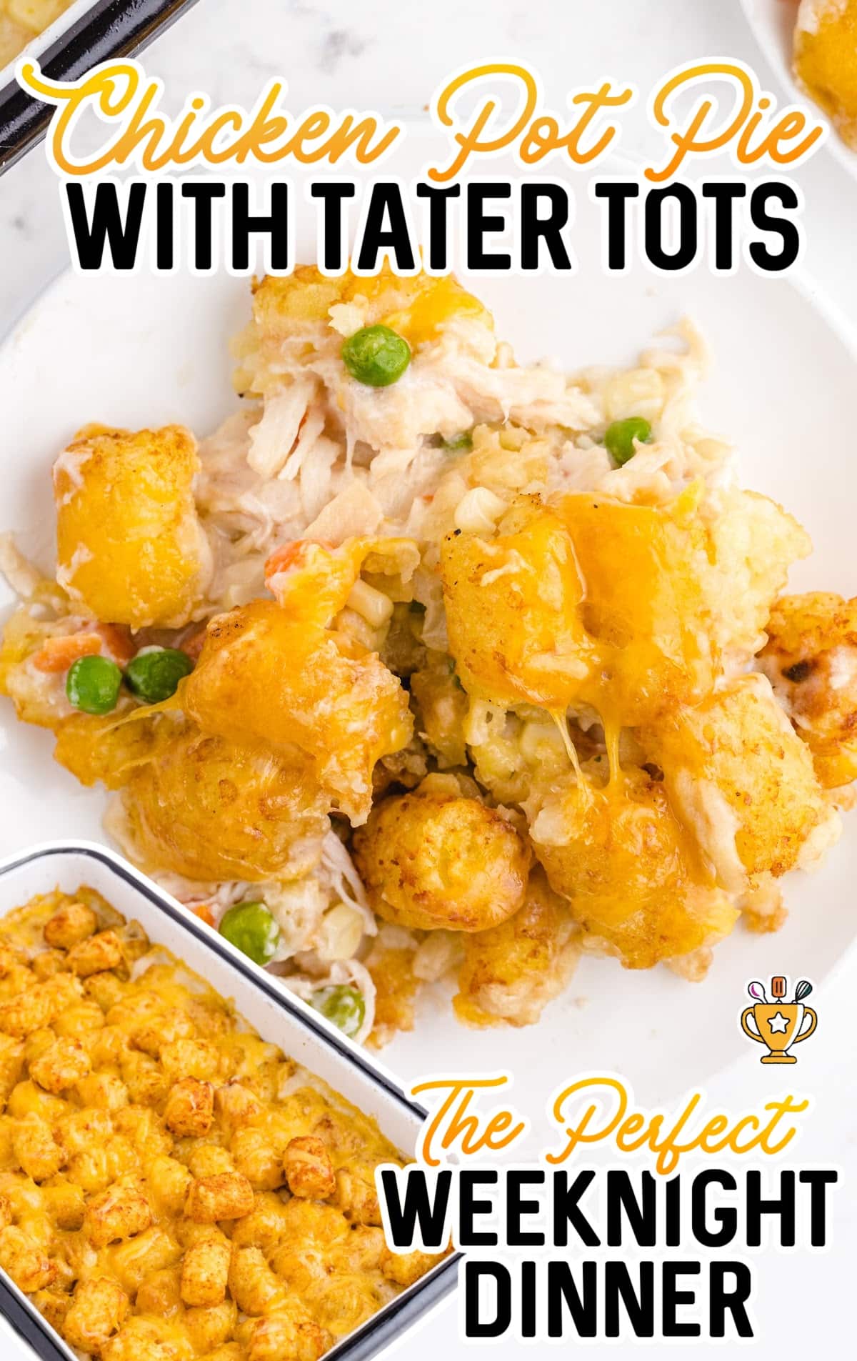 Chicken Pot Pie with Tater Tots on a plate and some in a baking pan
