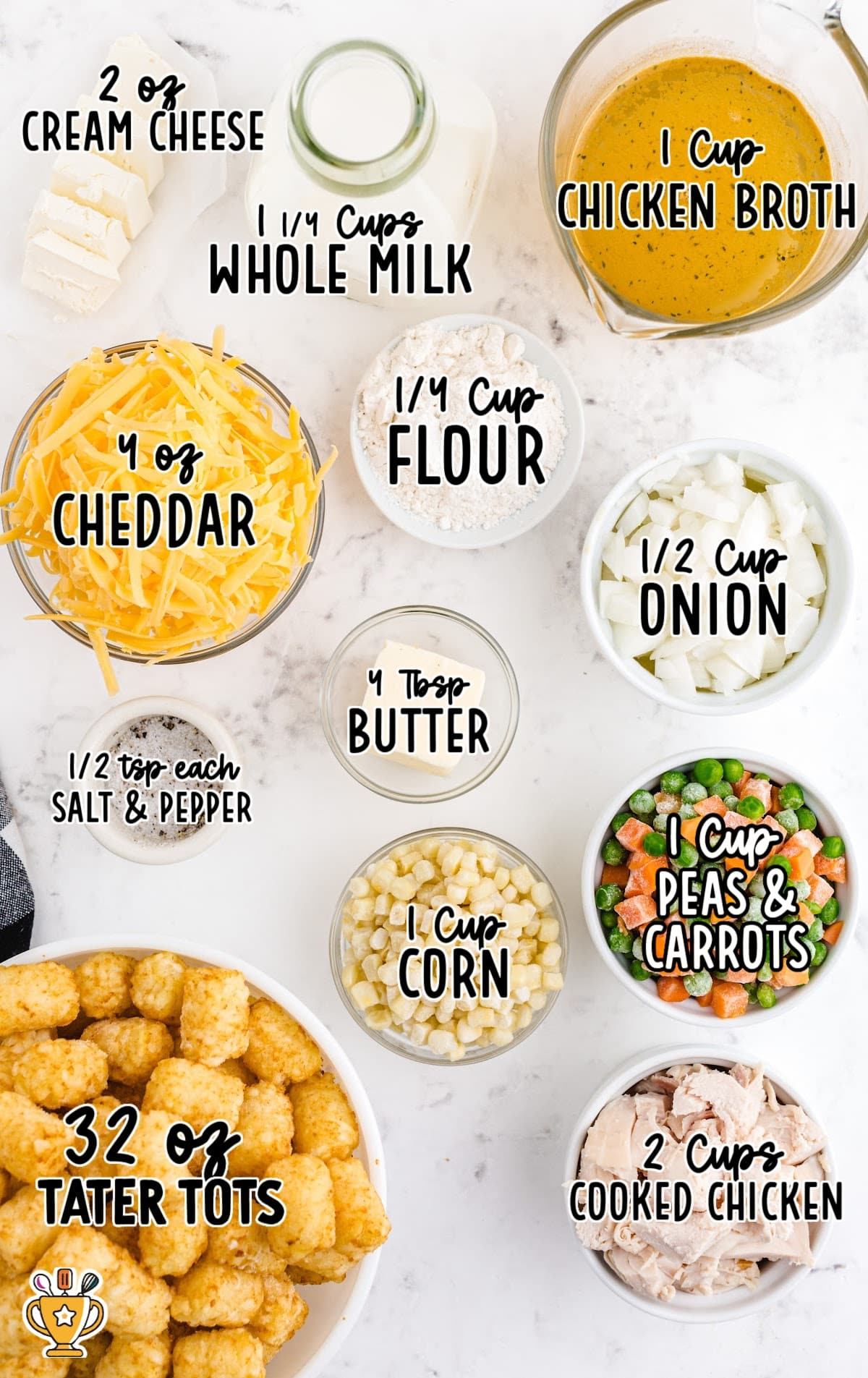 ingredients for making Chicken Pot Pie with Tater Tots