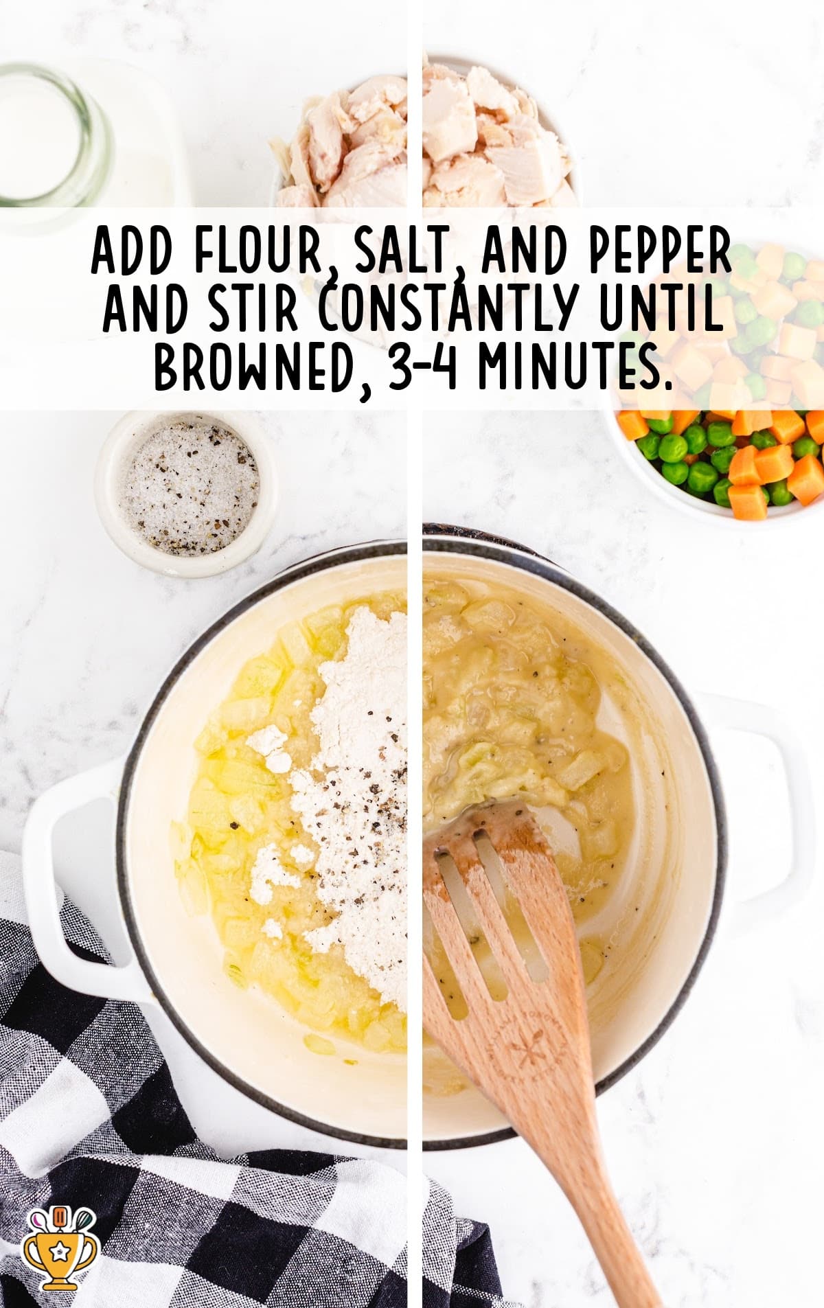 adding flour, salt and pepper in a bowl, stirring with a wooden cooking spoon