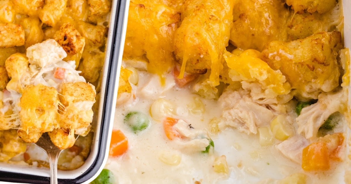a close up photo of Chicken Pot Pie with Tater Tots