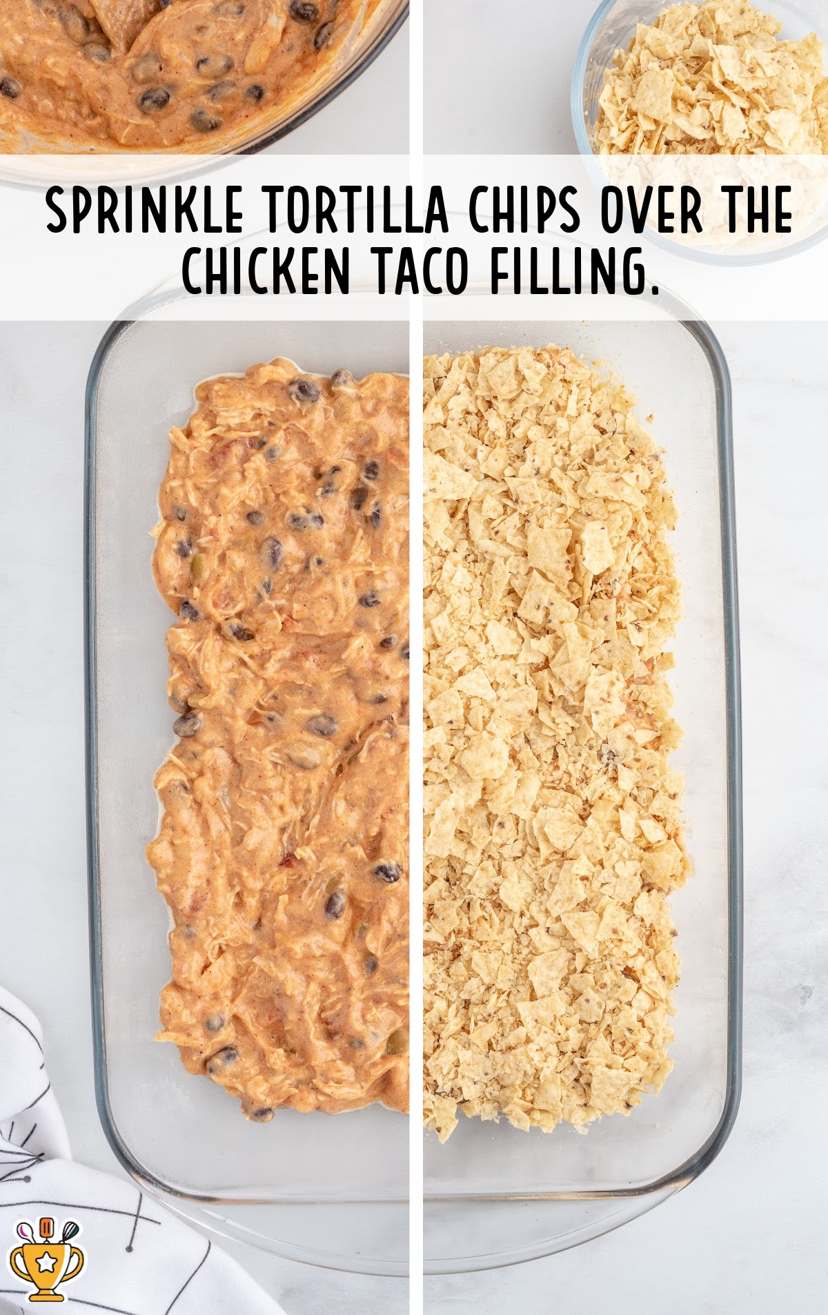 tortilla chips sprinkled over chicken taco filling