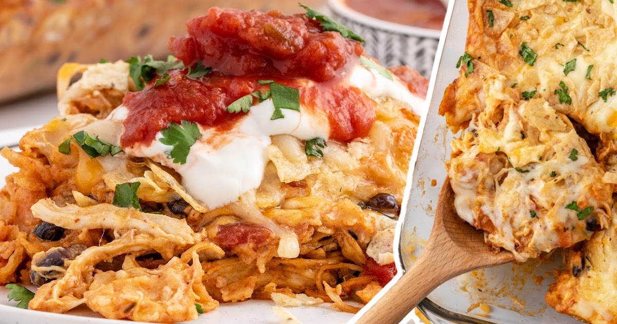 Chicken Taco Casserole on a plate and in a baking pan with a wooden spoon in it
