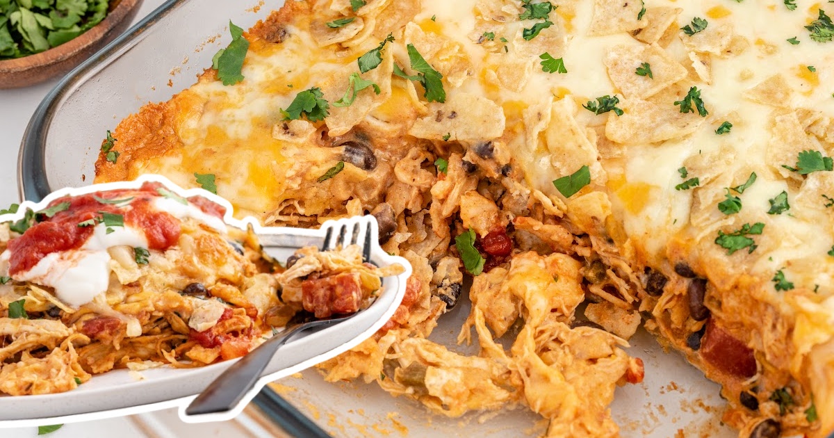 Chicken Taco Casserole in a baking tin and on a plate