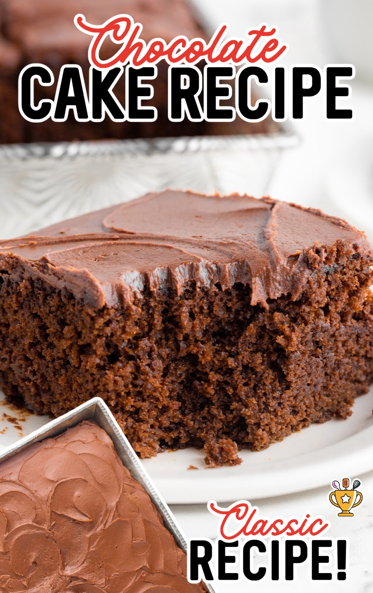 A slice of chocolate cake on a white plate.