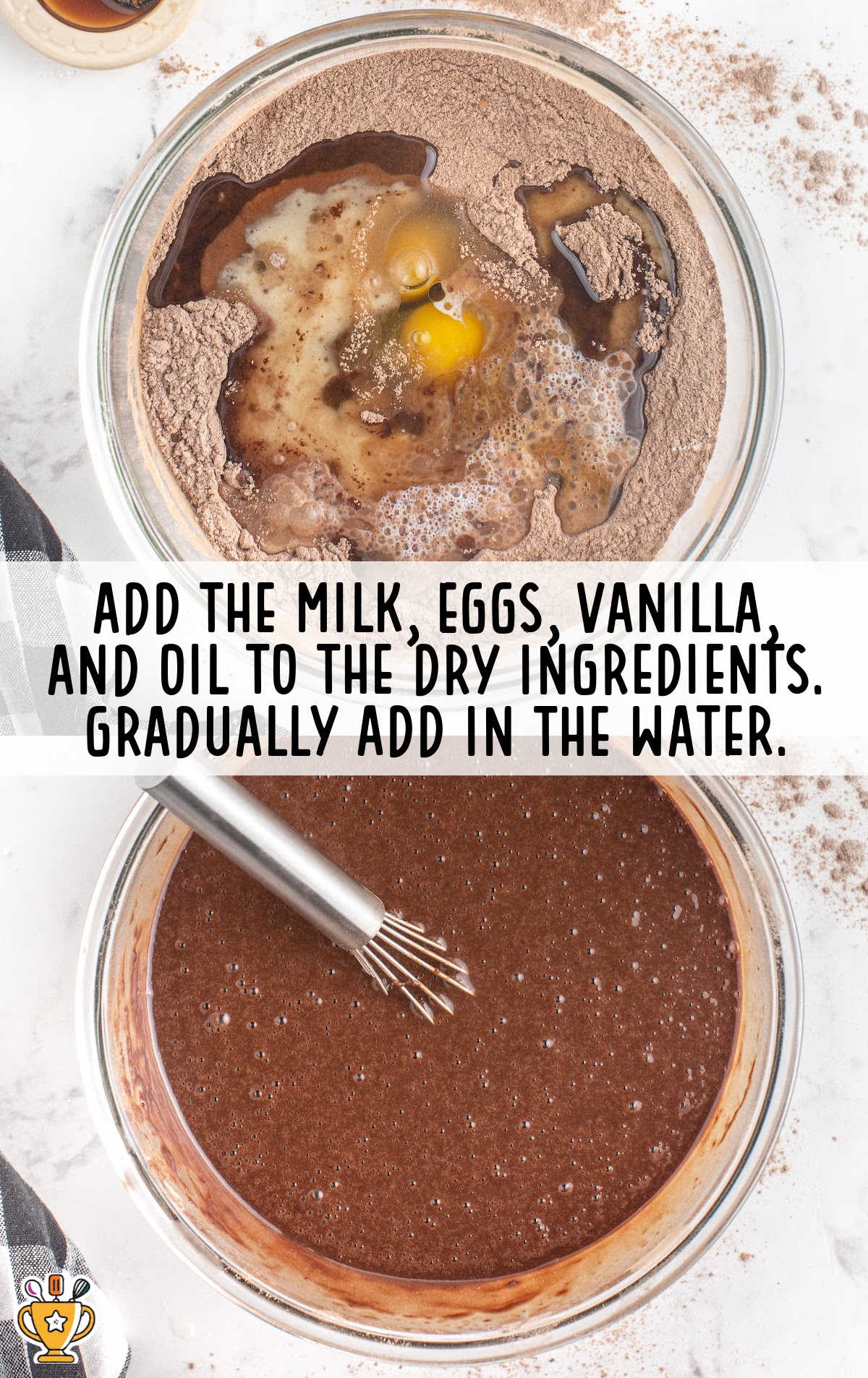 The wet ingredients are mixed into the dry ingredients.