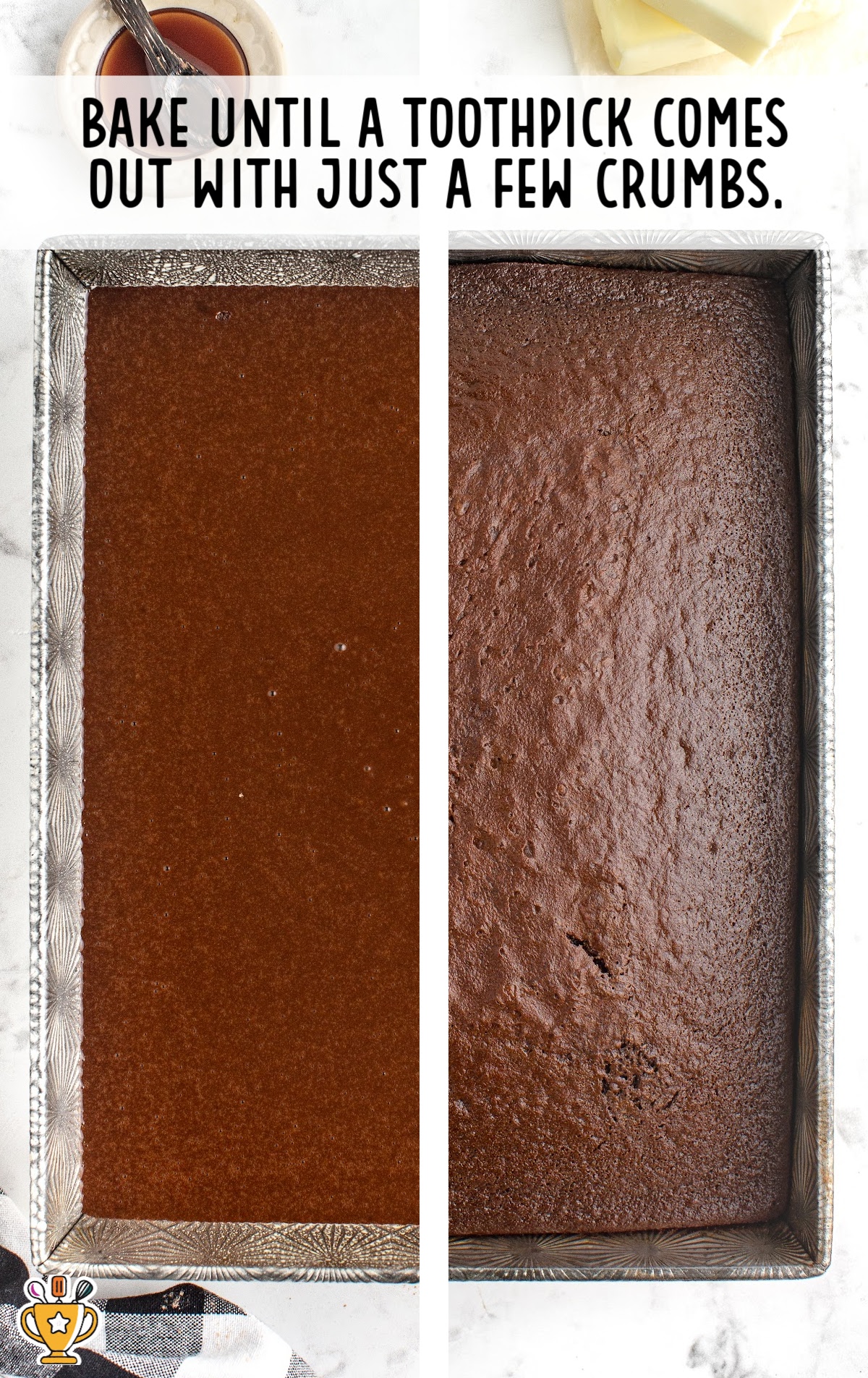 A baking pan with a baked cake in it.