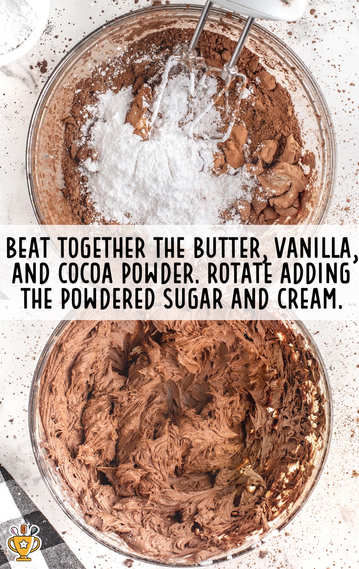 A glass mixing bowl with the ingredients for chocolate frosting mixed together.
