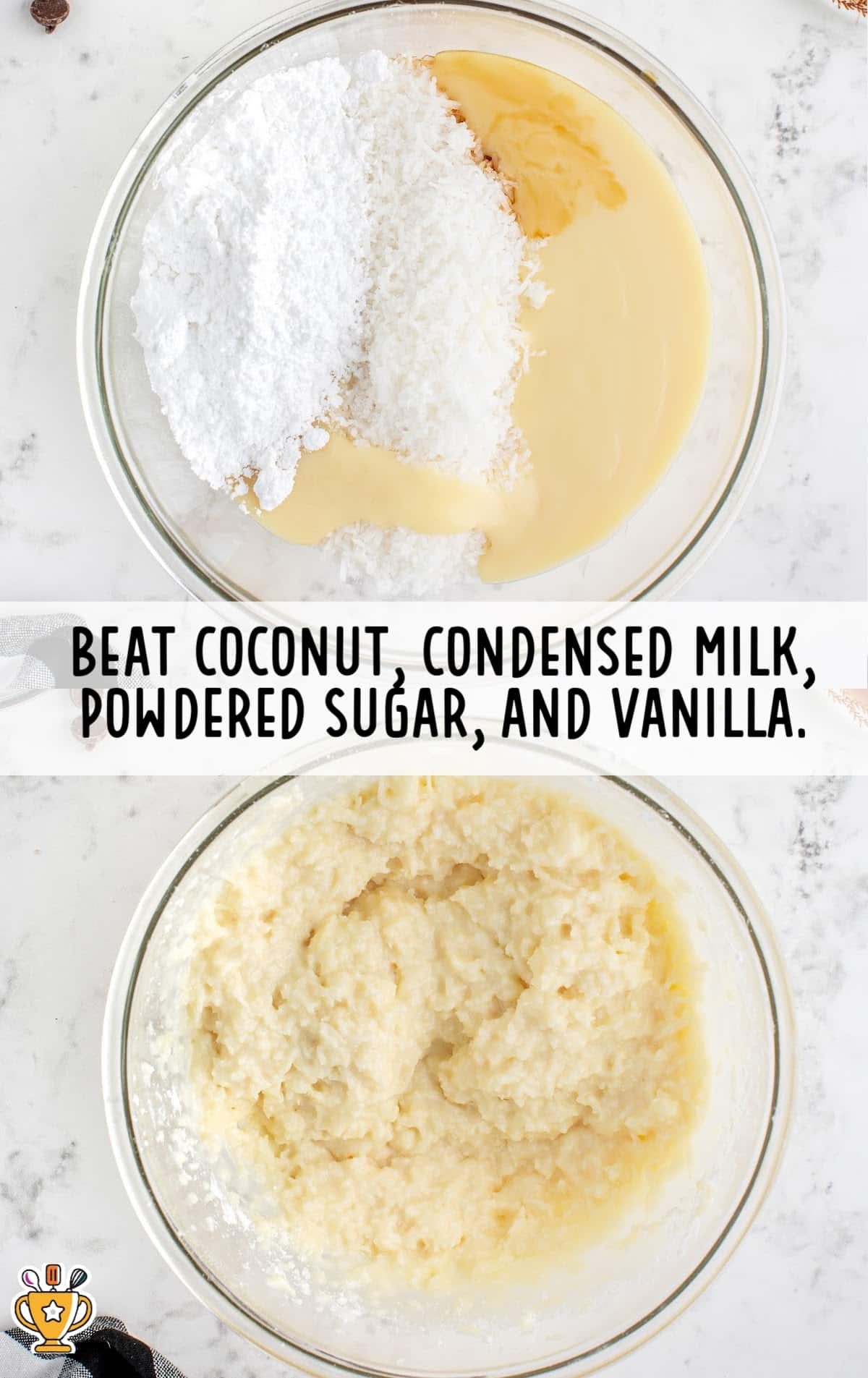 coconut, condensed milk, powdered sugar and vanilla in bowls