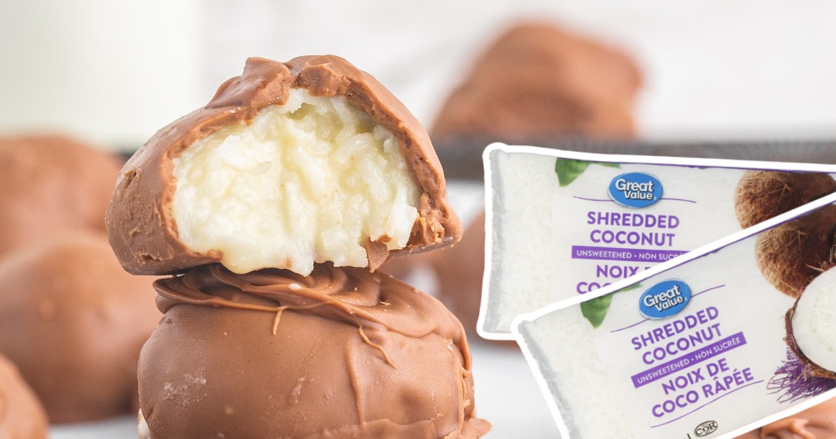 A chocolate coconut ball with a big bite out of it.