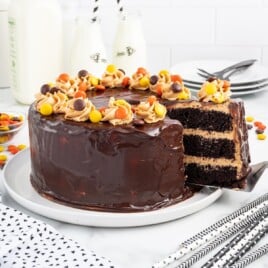 A wholeChocolate Peanut Butter Cake with a slice being lifted out.