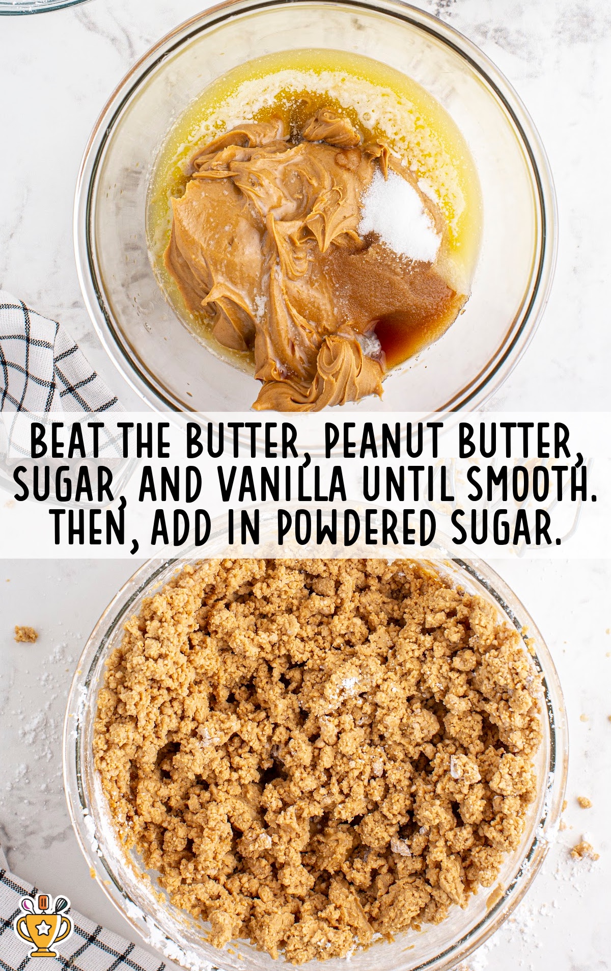 A mixture of ,butter, peanut butter, sugar and vanilla in a bowl
