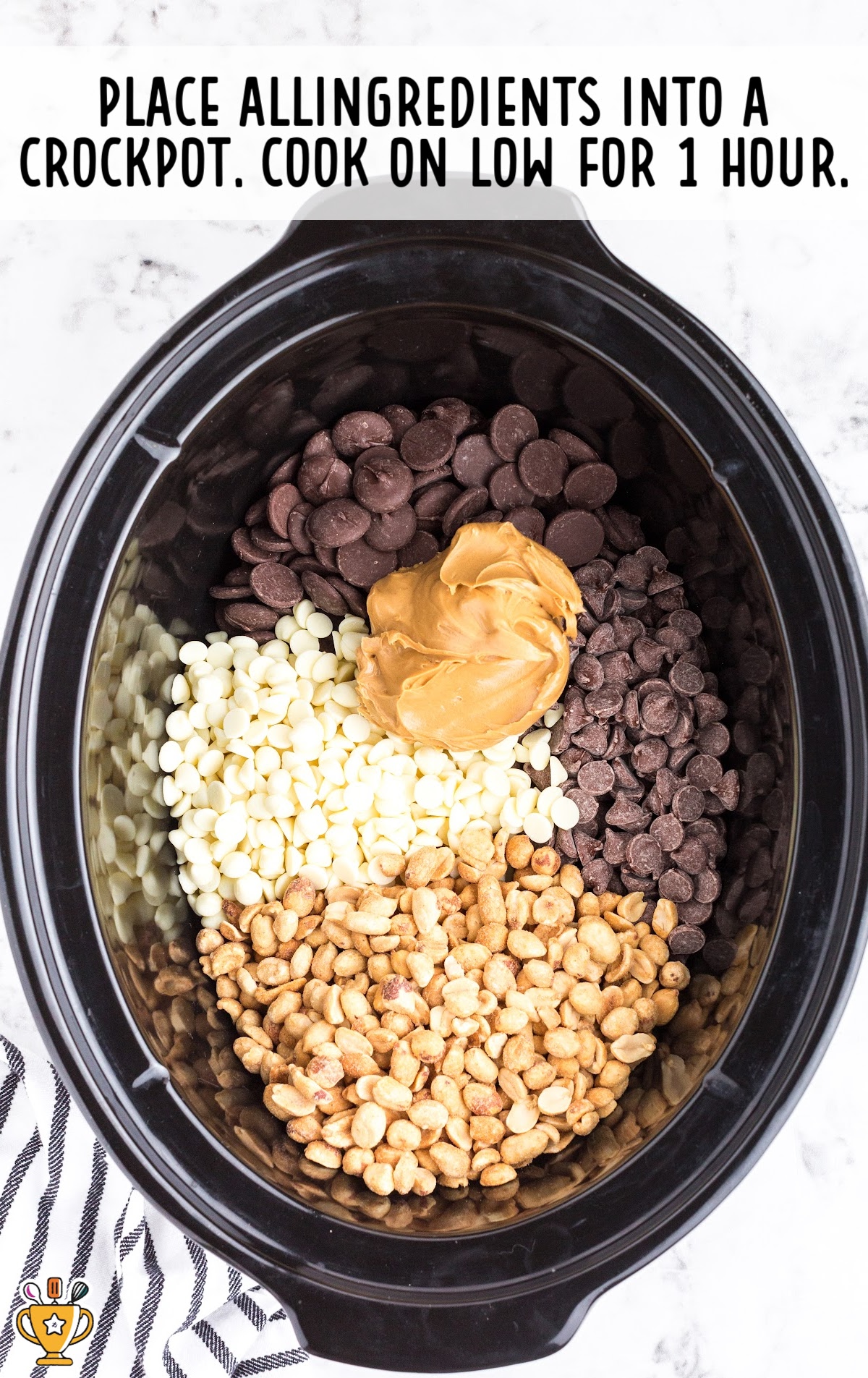 Chocolate Peanut Clusters ingredients in a crockpot