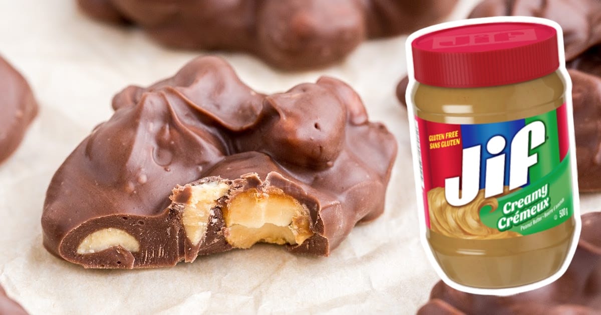 a Chocolate Peanut Cluster and peanut butter jar on the side