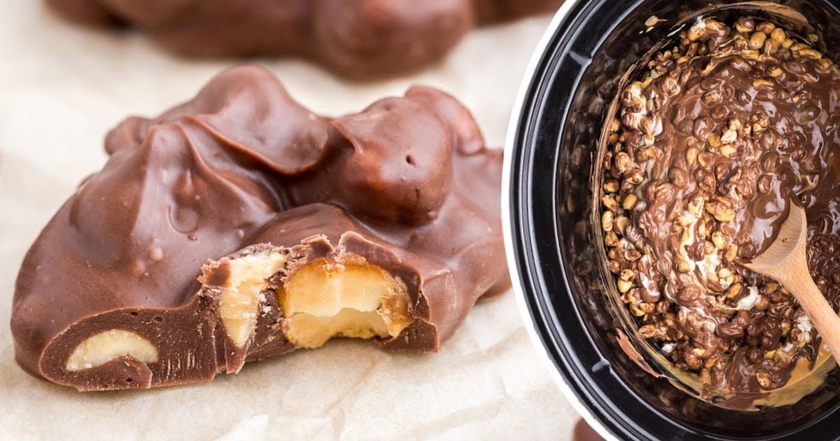 a Chocolate Peanut Cluster and the mixture in a crockpot