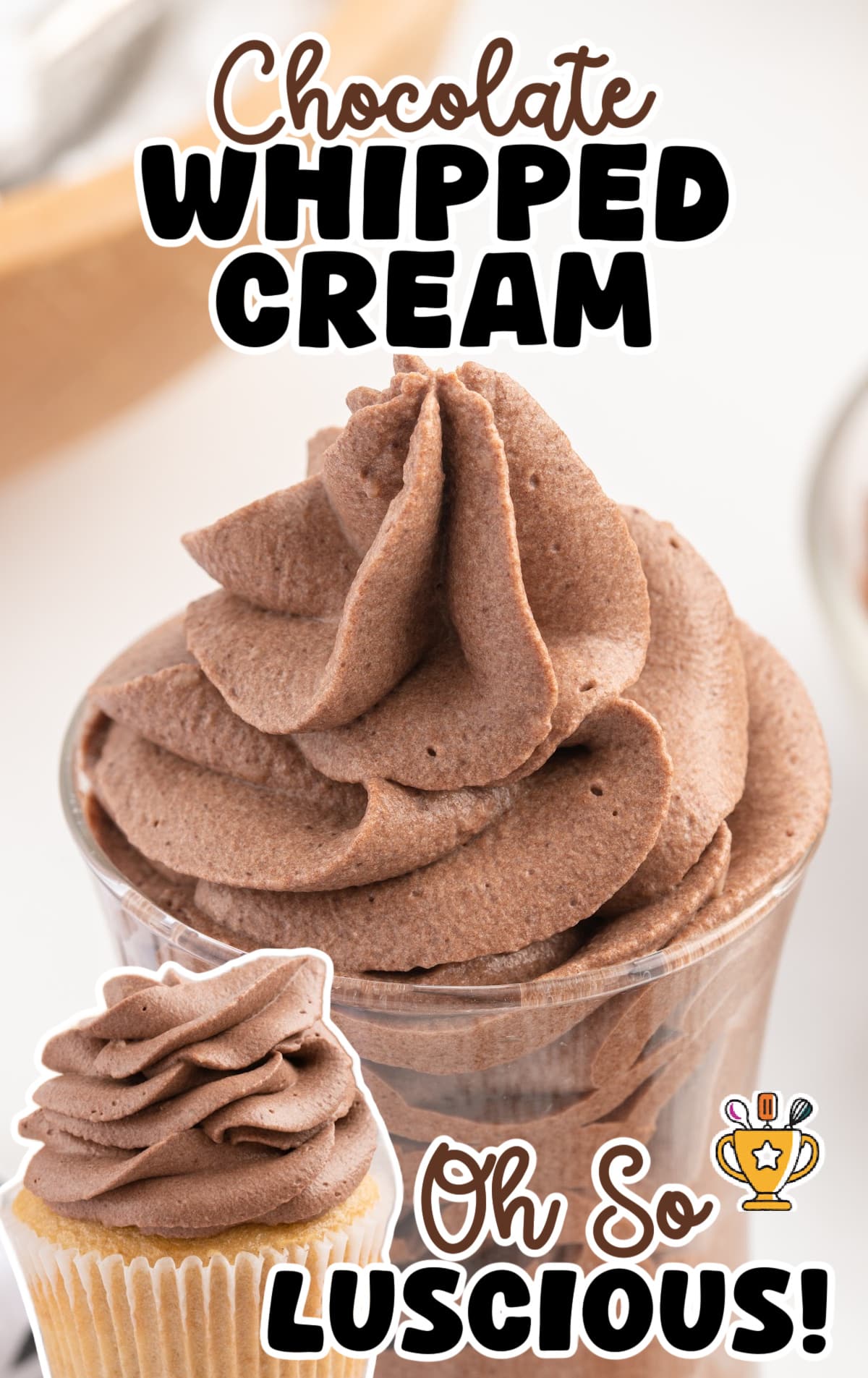 Close-up of a clear cup filled with swirls of chocolate whipped cream, with a smaller inset image showing chocolate whipped cream piped onto a vanilla cupcake. Text overlay reads “Chocolate Whipped Cream – Oh So Luscious!”
