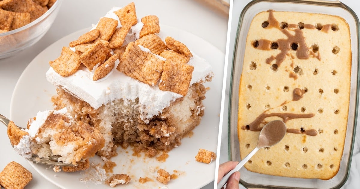 A piece of Cinnamon Toast Crunch Poke Cake on a plate with a fork holding a piece and a Cinnamon Toast Crunch Poke Cake with poked holes in a glass pan