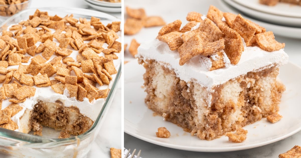 Cinnamon Toast Crunch Poke Cake in a glass baking pan and a piece of it on a plate