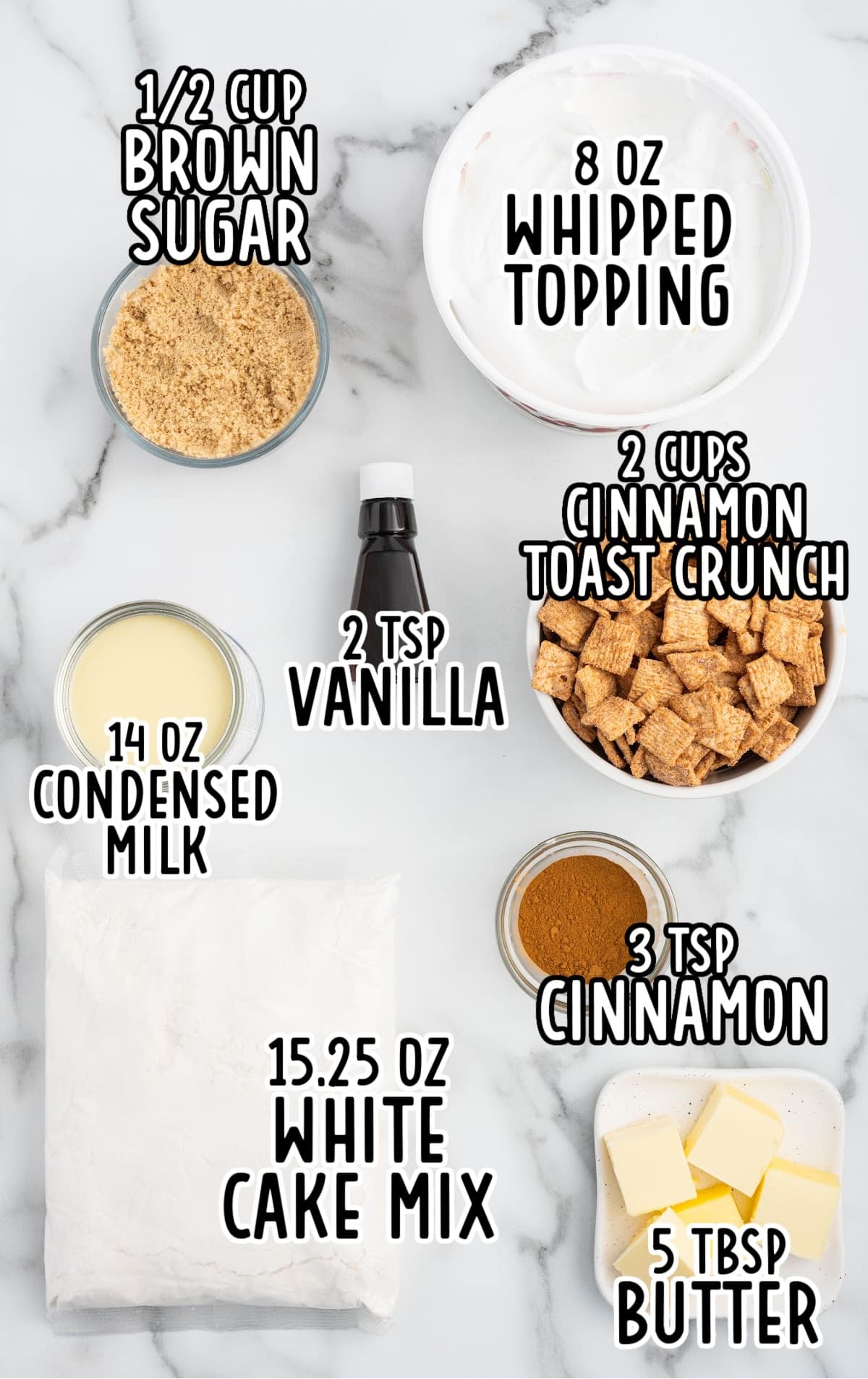 Ingredients for making Cinnamon Toast Crunch Poke Cake