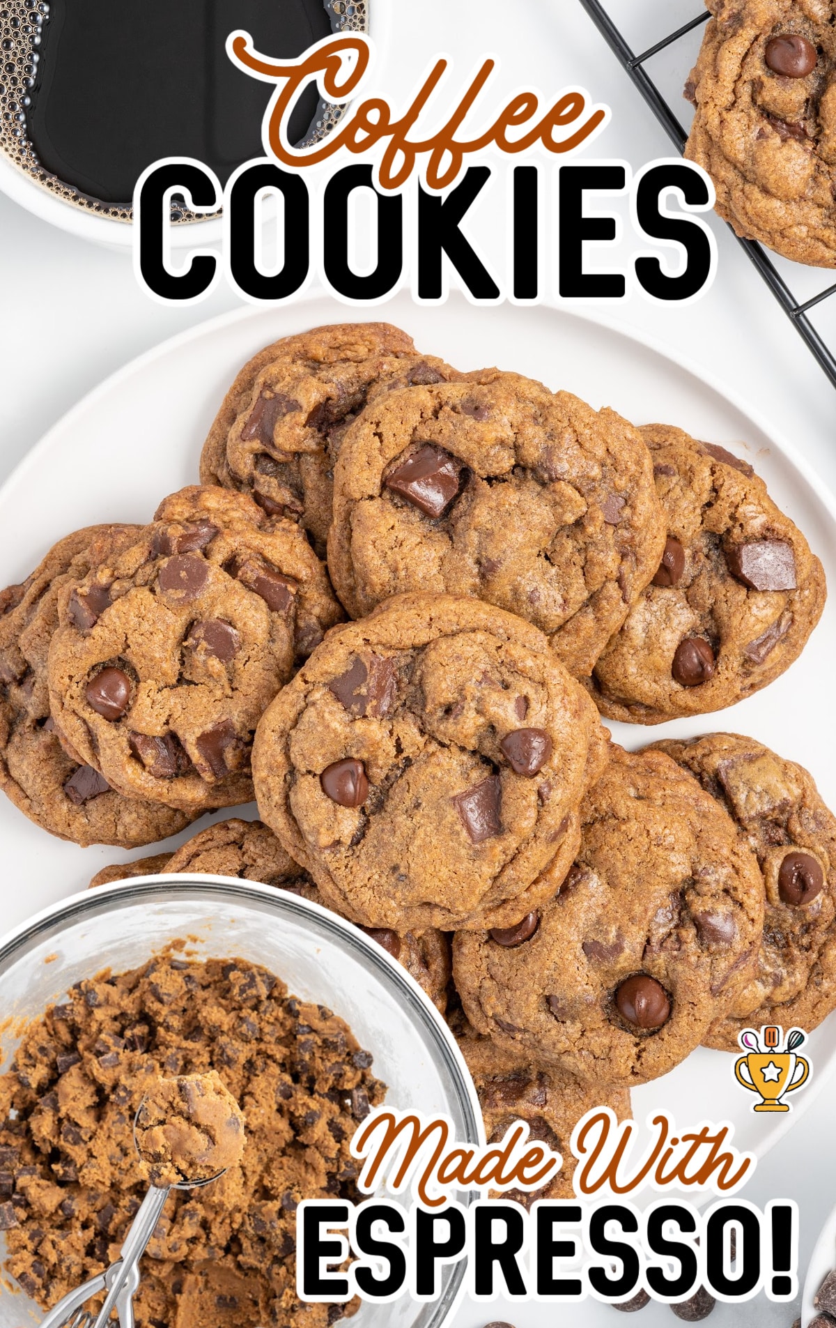A round, white plate of cookies and a bowl of cookie dough. 